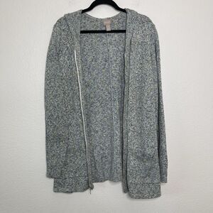Chicos Sweater Jacket 3 XL Zip Cardigan Knit Blue Green Hooded Mid Length Pocket
